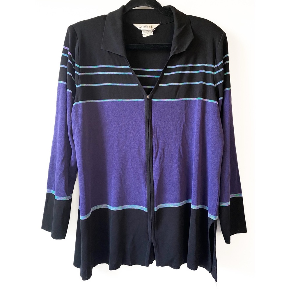 Exclusively Misook Womens Cardigan XL Black Purple Full Zip Acrylic Knit‎ Jacket